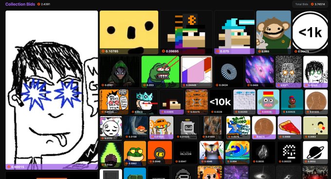 A screenshot of an NFT or digital art marketplace showing a collection called "Collection Bids 2,4391" with various small thumbnail images, including memes and characters, along with bidding information.