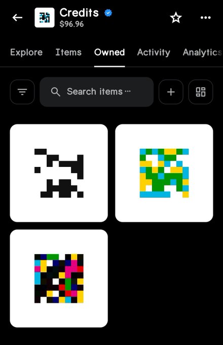 An 'Owned' tab from a Credits app showing $96.96 and three pixel-art NFT items displayed in a grid.