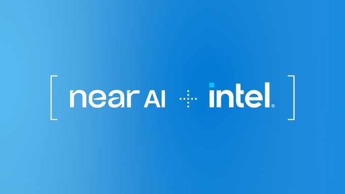 The image features a blue gradient background displaying the "near AI" and "intel" logos side by side within square brackets, symbolizing the partnership between NEAR AI Cloud and Intel Trust Authority for confidential AI inference verification.