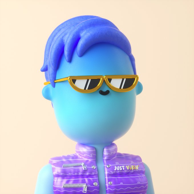 A 3D-rendered character with blue skin and matching blue hair wears gold-framed sunglasses, a purple vest with zippers, and a small smile, featuring the text 'JUST VIBIN' on the garment.