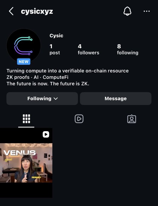 Profile page for 'cysicxyz' (Cysic) describing the project as turning compute into a verifiable on-chain resource using ZK proofs, AI, and ComputeFi.