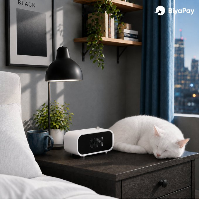 A cozy bedroom scene with a white cat sleeping on a nightstand next to a digital clock, with a 'BiyaPay' logo in the corner.