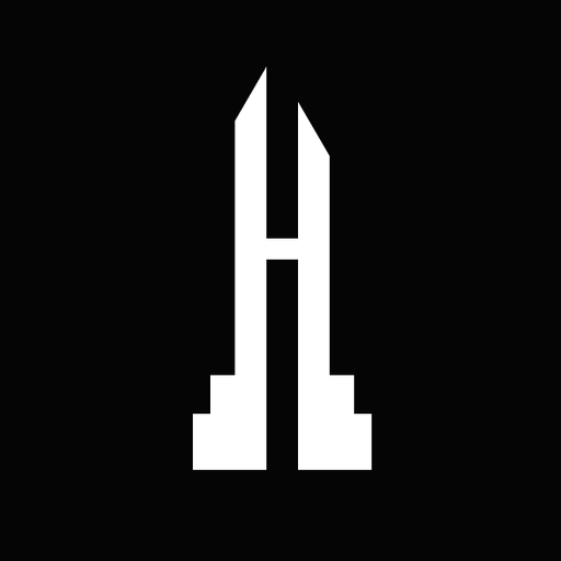 A minimalist white logo resembling a stylized, geometric letter "H" or twin towers set against a solid black background.