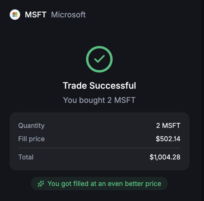 A confirmation screen from Backpack showing a successful trade of 2 shares of Microsoft (MSFT) at a fill price of $502.14 for a total of $1,004.28, with a note that the user got filled at an even better price. The image illustrates the smooth, user-friendly trading experience that the user is enthusiastically praising in the accompanying post.