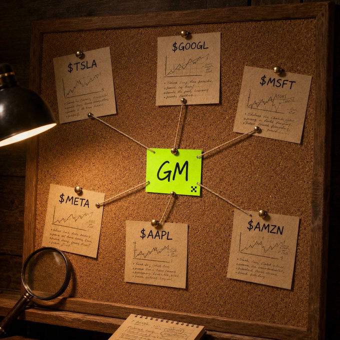 A corkboard displays a detective-style investigation connecting major tech and finance tickers—$TSLA, $GOOGL, $MSFT, $META, $AAPL, and $AMZN—to a central yellow "GM" sticky note via red string, with each pinned note featuring a mini chart and handwritten notes. The "GM" centerpiece and researcher setup (magnifying glass, notebook, lamp) tie into the post's casual "good morning" sign-off, framing the daily homework of tracking the market through an OKX Wallet lens.