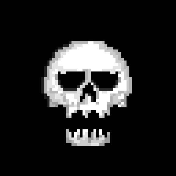 A pixel art image of a white skull wearing black sunglasses on a solid black background, with a separate row of teeth below it.