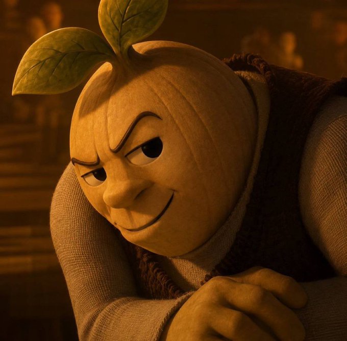 A 3D-rendered anthropomorphic plant-like character with a mischievous grin poses with arms crossed in dim lighting.