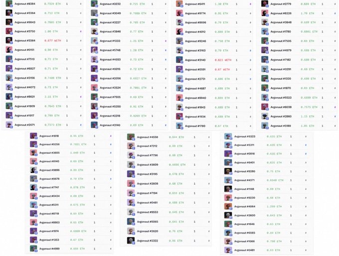 A screenshot showing a large grid of Axie/Agnout NFT listings with various ETH prices and account numbers.