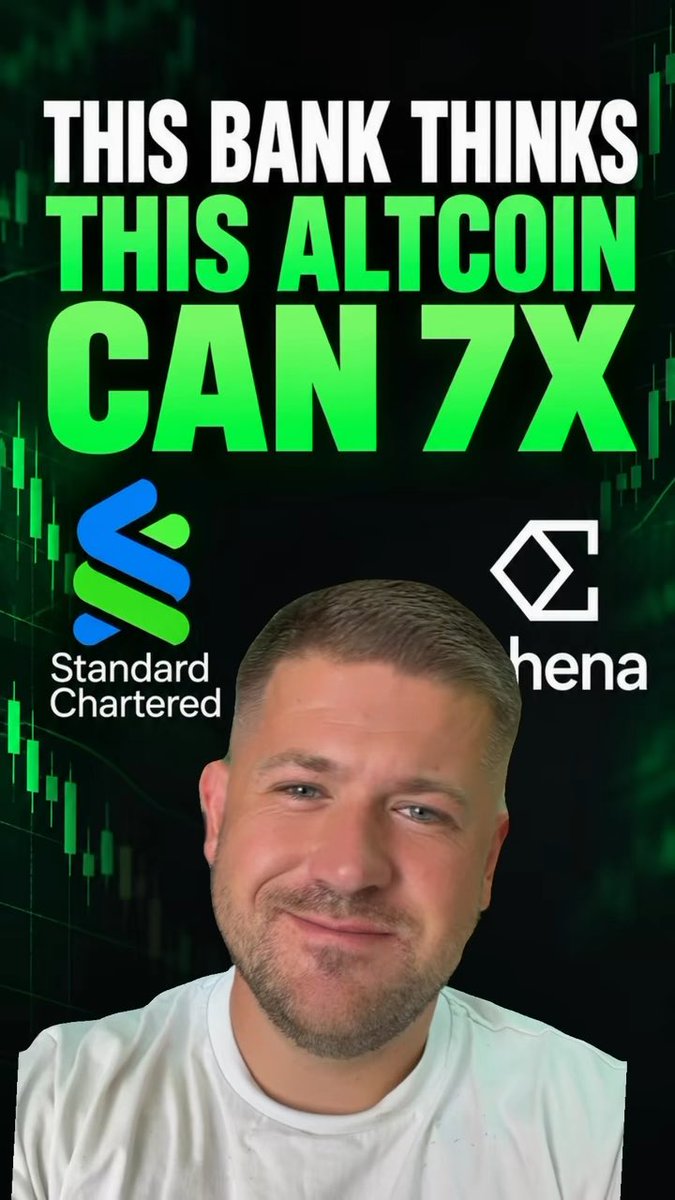 A YouTube thumbnail showing a man with the text 'THIS BANK THINKS THIS ALTCOIN CAN 7X' alongside the Standard Chartered logo and what appears to be the Athena logo, with green candlestick charts in the background.