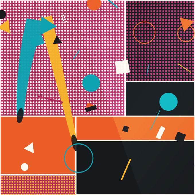 An abstract geometric design featuring pink, orange, black, and white blocks with polka dot patterns, circles, triangles, and lines.