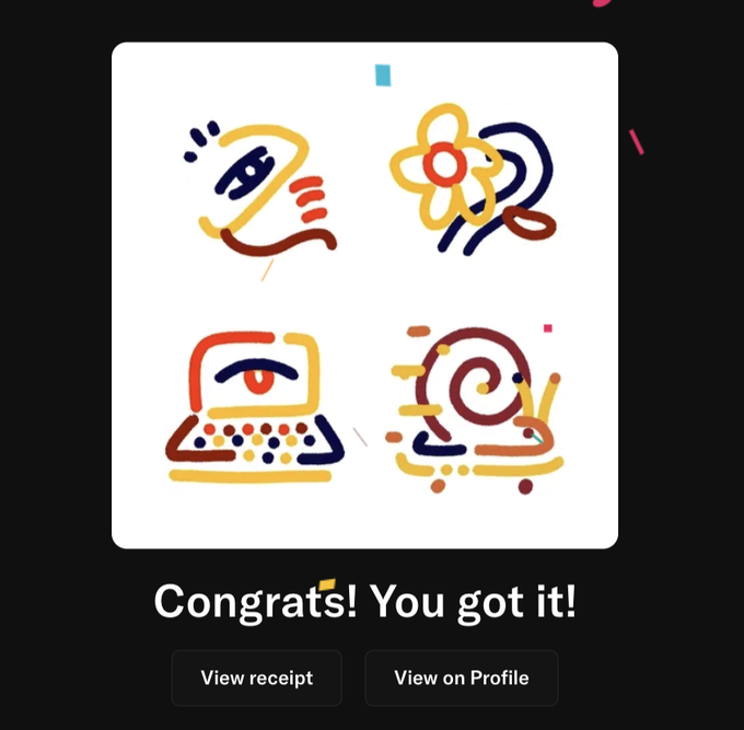 The image shows a post with four different icons, including a flower design, a laptop computer, a snail, and an apple. The text at the bottom of the image reads "Congratulations! You got it!". This indicates that someone has received a message or a post containing these four icons, likely as a form of appreciation for their work or support in some way.