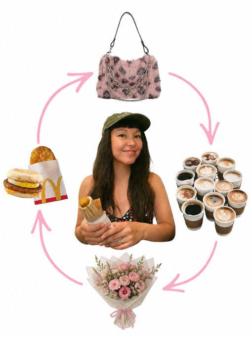 A collage image showing a woman in the center holding a wrap, surrounded by a pink circular arrow design featuring a fuzzy pink handbag, McDonald's breakfast items, multiple cups of coffee, and a bouquet of flowers.