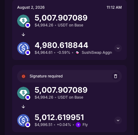 A cryptocurrency transaction screen dated August 2, 2026 at 11:12 AM showing USDC to USDT swaps with values of 5,007.907089 and 4,980.618844, with a pending 'Signature required' transaction also shown.