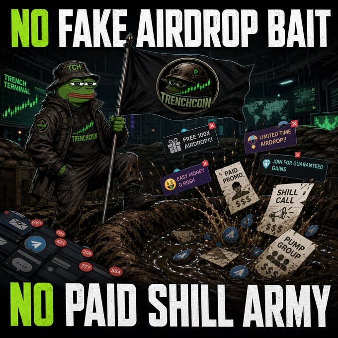 TrenchCoin (TCH) anti-scam marketing poster reading 'NO FAKE AIRDROP BAIT' and 'NO PAID SHILL ARMY,' showing a Pepe-style soldier planting a TrenchCoin flag amid rejected scam tactics like free airdrops, paid promos, and pump groups.