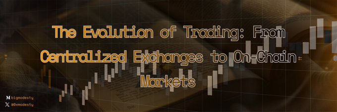 Title card reading 'The Evolution of Trading: From Centralized Exchanges to On-Chain Markets' overlaid on a candlestick chart with candle icons, attributed to @lilgoatstv and @RVgoatstv.