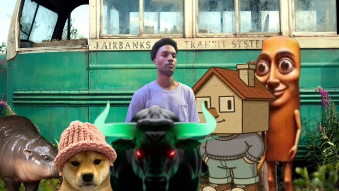 A surreal composite image features a young man standing in front of a green bus labeled 'FAIRBANKS TRANSIT SYSTEM,' surrounded by various absurd elements including a dog with a pink knitted hat, a black creature with green horns, a cartoon house character, and a large smiling brown figure.