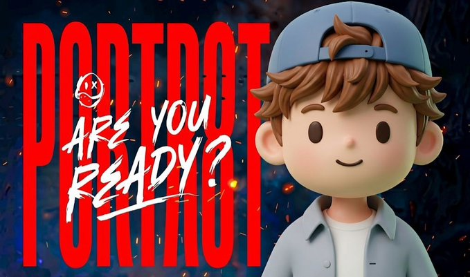 The image features a cartoon boy wearing a blue baseball cap, standing against a dark background with flames behind him. The text "Portrait Are You Ready?" is written above the boy's head, indicating that he has been selected for an exclusive portrait session on the Ethereum blockchain. The image also includes a link to the post where one can learn more about this unique portrait NFTs and how they work.