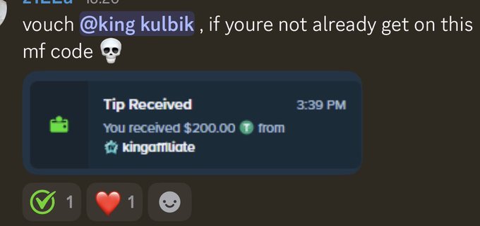 A screenshot shows a Discord message reading "vouch @king kulbik , if youre not already get on this mf code 💀" alongside a notification that a $200.00 tip was received from "kingaffiliate" at 3:39 PM. The image serves as proof of the cash rewards being distributed to affiliates using the "kingkulbik" code referenced in the post.