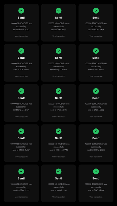 A grid of 15 confirmation screens showing successful transfers of 100,000 $BHOODIES to various wallet addresses, serving as visual proof for the tweet's giveaway promising free tokens in exchange for $SOL.