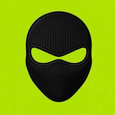 A 3D-rendered black ski mask or balaclava is centered against a bright neon green background.