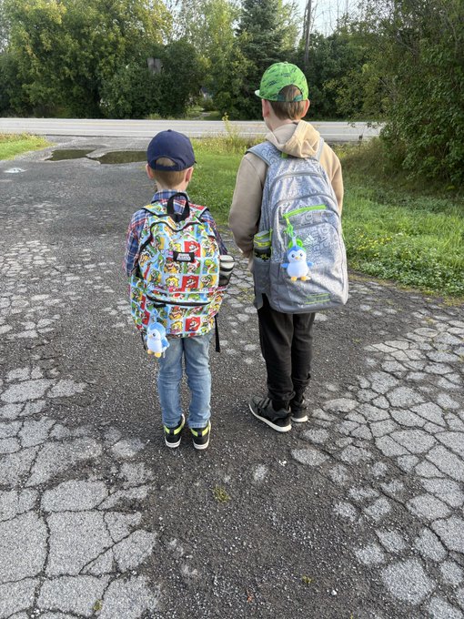 Two young boys seen from behind walking on a cracked asphalt surface, wearing colorful backpacks with cartoon characters and baseball caps.