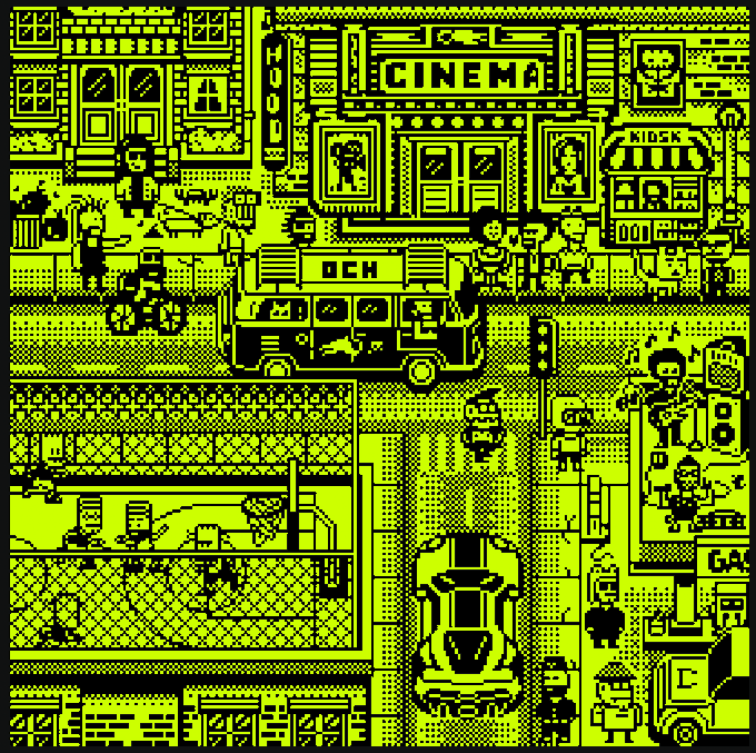 A pixel art scene of a city street featuring a 'CINEMA' building, a 'KIOSK', an 'OCN' truck, and various pedestrians.