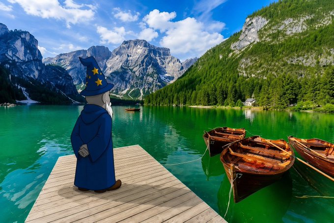 A fantasy illustration of a wizard in blue robes and a star-decorated hat standing on a wooden dock, looking out over a turquoise alpine lake with wooden boats and mountains in the background.