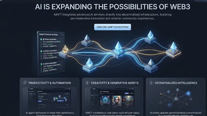 A dark promotional graphic titled 'AI IS EXPANDING THE POSSIBILITIES OF WEB3' for AINFT, showcasing smart contract activity, productivity, creativity, and decentralized intelligence features.