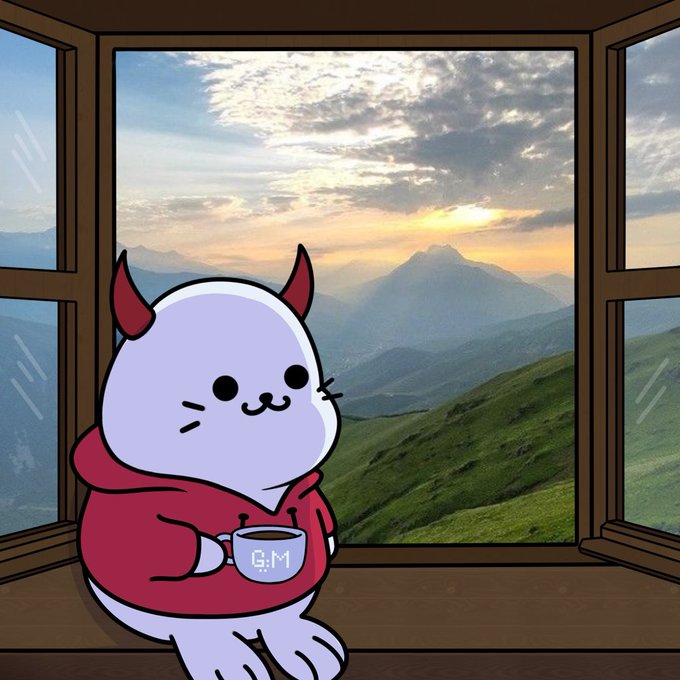 A cute cartoon devil cat wearing a red hoodie sits at a windowsill holding a mug labeled "G:M," enjoying a scenic mountain view at sunset, fitting the "GM WEB3" theme of friendly morning greetings in the crypto community.