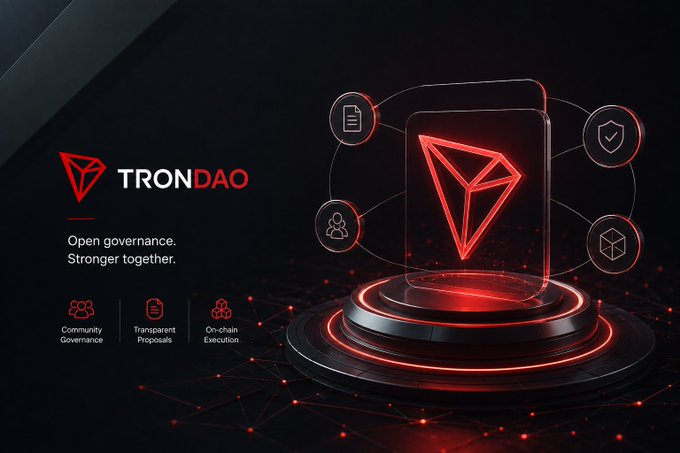 A promotional graphic for TRONDAO with the tagline 'Open governance. Stronger together.' featuring a red glowing TRON logo on a pedestal with icons representing Community Governance, Transparent Proposals, and On-chain Execution.