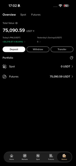 A mobile cryptocurrency wallet app displays a total value of 75,090.59 USDT, showing a daily PNL gain of +20,218.87 (+36.84%) and options for Deposit, Withdraw, and Transfer.