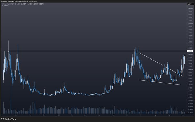 A daily candlestick chart of Cardano ($CARDS) against USDT shows price consolidation in a descending wedge pattern since mid-2024, with recent price action breaking above the upper trendline near $0.3300 and signaling potential upward momentum. The chart visually supports the post's bullish sentiment by depicting a breakout from the bearish wedge formation ahead of the upcoming Beezie airdrop.