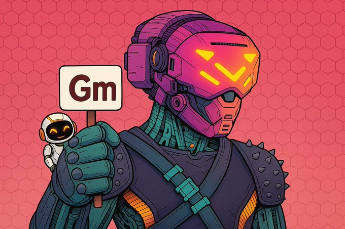 A futuristic armored character with a glowing pink visor holds up a sign reading "Gm," while a small smiling robot peeks over their shoulder against a pink honeycomb background—perfectly capturing the friendly crypto greeting vibe of the post.