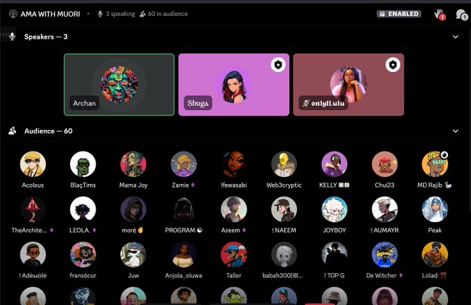 A Discord-style voice channel interface shows an "AMA WITH MUORI" event with 3 speakers and 60 audience members displayed as avatar icons.