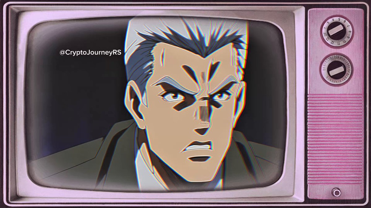 The image shows a television screen displaying an animated character with a serious expression, possibly from a popular anime or cartoon series. The character appears to be wearing a suit and tie, giving off an air of professionalism. In the background, there are two buttons visible on the TV set. The text in the image includes mentions of "@cryptojumpers88" and "@brian_armstrong", which could potentially be related to the anime or cartoon series being displayed.