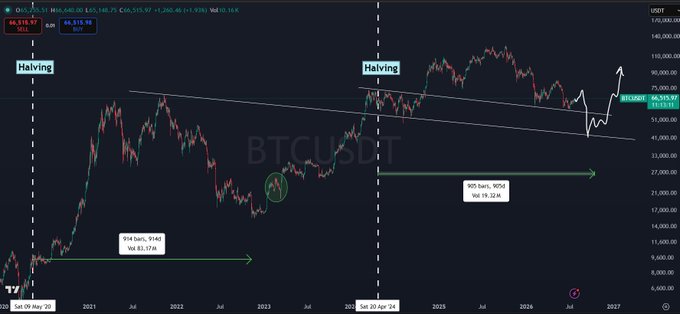 A Bitcoin/USD (BTCUSDT) chart on USDT illustrates two halving cycles (May 2020 and April 2024), with green annotations showing "954 bars, 956d, ~84.62.07%" and "955 bars, 905d, ~88.19.32%" to highlight the post-halving run-up, reinforcing the post's claim that "#Bitcoin / $BTC Nobody is bullish enough."