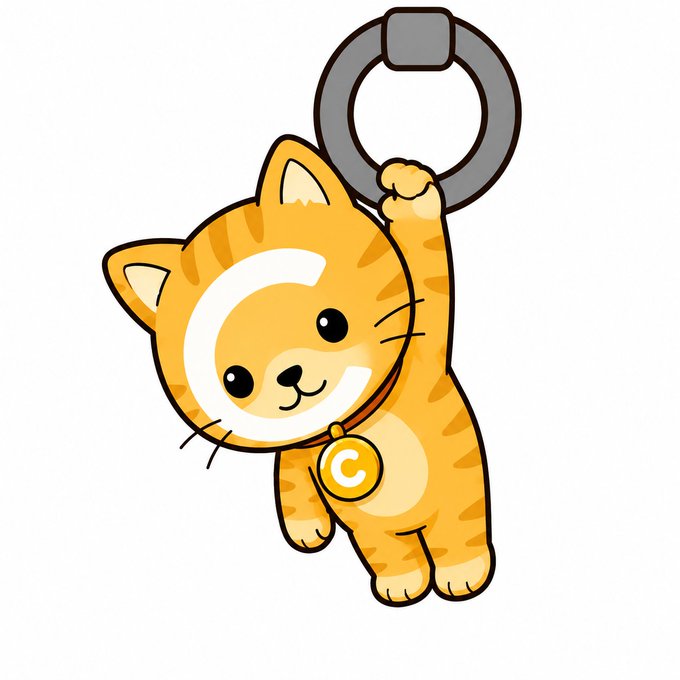 A cute cartoon orange tabby cat wearing a collar with a "C" medallion hangs from a gray ring, depicting the iconic Solana logo emblem popularized by the $CATE meme coin, as referenced in the post crediting artist @vonsoulart for creating this viral cat character.