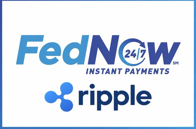 Graphic showing the FedNow 24/7 Instant Payments logo above the Ripple logo, indicating a partnership between the Federal Reserve's instant payment service and Ripple.