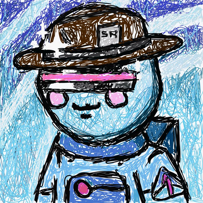 A crudely drawn digital sketch shows a blue, round character wearing a brown "SR" hat with pink-tinted visor, alongside text "GN   Let's keep riding." The illustration's casual, energetic style matches the upbeat sign-off.