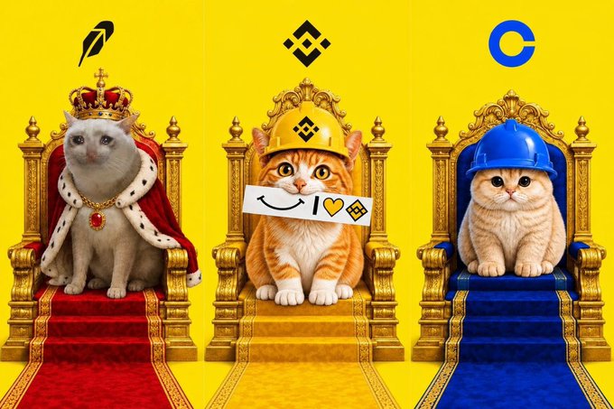 Three cats sit on ornate thrones representing crypto tokens (SOL, BNB, and C) against a yellow background, with each cat wearing thematic accessories like a crown, hard hat, or paper mask.