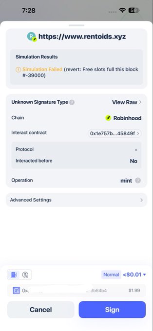 A smartphone screenshot of a crypto transaction on https://www.rentoids.xyz showing a 'Simulation Failed' revert message on the Robinhood chain for an 'Unknown Signature Type' mint operation costing $1.99.