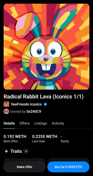 An OpenSea NFT listing for 'Radical Rabbit Lava (Iconics 1/1)' from the VeeFriends Iconics collection, showing a colorful pop-art style rabbit, with a best offer of 0.192 WETH and a buy price of 0.9555 ETH.