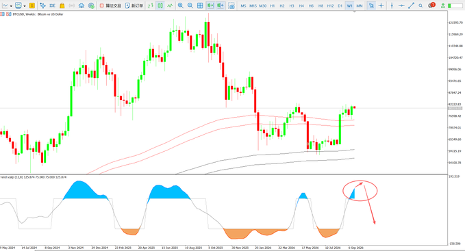 A Bitcoin (BTCUSD) chart on the MetaTrader platform shows weekly price action near 105,000, with a red ellipse highlighting a bearish divergence signal on the Trend-Wave oscillator at the bottom, indicating a potential top within one to two weeks. The chart displays recent highs above 110,000 followed by a pullback, with moving averages (M5, M15, M30, H1, etc.) listed in the top menu.