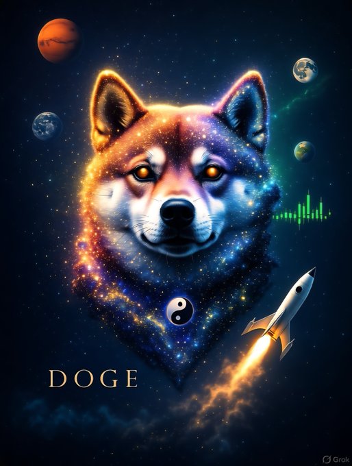 A vibrant digital artwork featuring a cosmic wolf head with glowing eyes, surrounded by planets, a rocket, and the text 'DOGE' along with a yin-yang symbol.