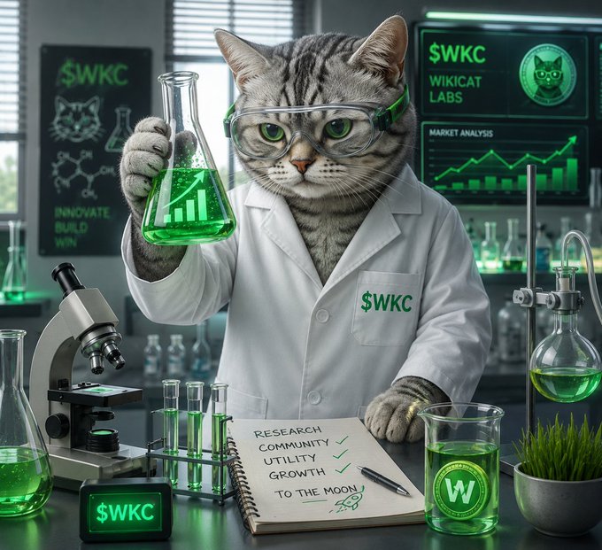 A cat in a lab coat and safety goggles holding a flask of green liquid, branded $WKC (WIKICAT LABS), with a notebook listing 'Research, Community, Utility, Growth - To the Moon.'