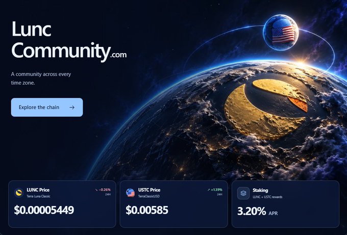 A website screenshot for 'Lunc Community.com' featuring a cosmic background with Earth and the LUNC logo, displaying 'LUNC Price' at $0.00005449, 'USTC Price' at $0.00585, and 'Staking' at 3.20% APR.