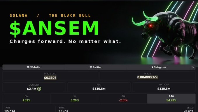 A cryptocurrency promotional graphic for '$ANSEM' on the Solana blockchain, subtitled 'Charges forward. No matter what.' featuring a black bull with glowing green horns, priced at $0.3306 with a market cap of $330.6M.
