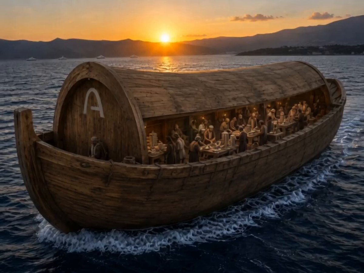 The image features a wooden boat floating on water, possibly during sunset or sunrise. The boat has several people sitting inside of it, enjoying their time together. There are at least 13 visible individuals scattered throughout the boat, some closer to the front while others are further back. The boat appears to be a dining room table and chairs setup, suggesting that the passengers might have been having a meal together or engaging in conversation during their journey on the water.