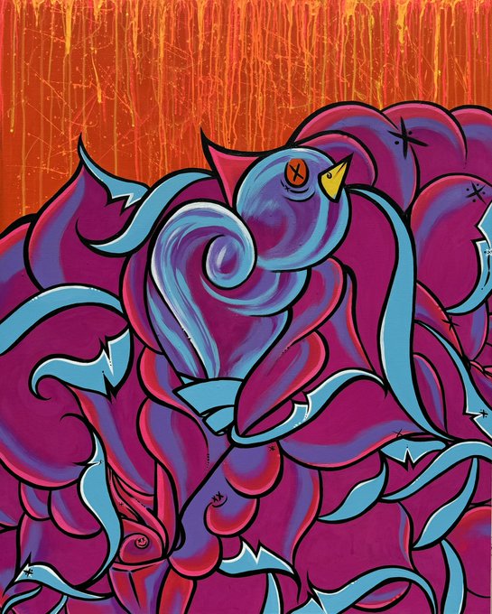 A vibrant pop-art style painting of a stylized blue bird with a swirling body, surrounded by magenta and purple roses against a dripping orange background.