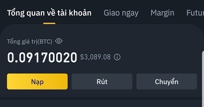 A Vietnamese cryptocurrency account overview screen displaying a total BTC balance of 0.09170020 (~$3,089.08) with yellow 'Nạp' (Deposit), 'Rút' (Withdraw), and 'Chuyển' (Transfer) buttons.